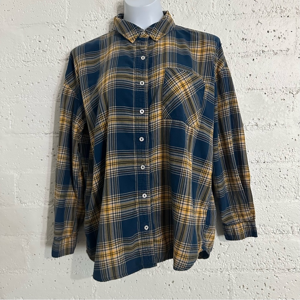 I Love H81 Womens Button Front Top M Blue Yellow Plaid Long Sleeve Cotton AM20
